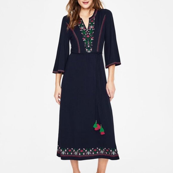 Boden Women Remi Navy Blue Pink Floral Embroidered Bell Sleeve Boho Midi Dress 8 - Picture 11 of 13